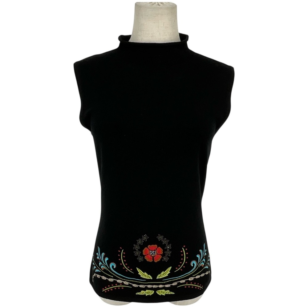 Vintage‎ Lynn Adler Wool Blend Black Mock Sleeveless Embroidered Floral Top M